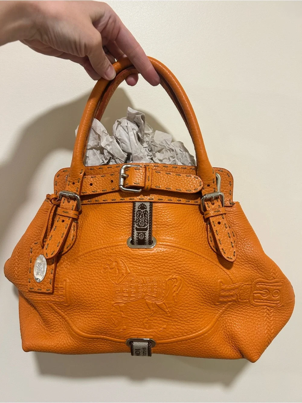 FENDI Orange Selleria Leather Villa Borghese Tote Handbag